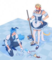  2boys accident alternate_costume altventurer_(regis_altare) animal_ear_hairband animal_ears apron axel_syrios axelotl_(axel_syrios) axolotl bell black_pants black_ribbon black_shoes black_vest blonde_hair blue_hair blue_necktie braid broken_plate broom cat_boy cat_ears cat_tail checkered_floor choker collared_shirt crossdressing crossdressing_(mtf) detached_sleeves dress enmaided fake_animal_ears flying_sweatdrops frilled_choker frilled_dress frills full_body gloves hairband hand_on_own_hip heart_apron highres hiimtae_sb holding holding_broom holding_tray holostars holostars_english maid maid_apron maid_headdress male_focus male_maid mary_janes multicolored_hair multiple_boys neck_bell neck_ribbon necktie pants plate puffy_detached_sleeves puffy_sleeves rabbit_ear_hairband rabbit_ears red_hair regis_altare ribbon shirt shoes single_braid sleeve_garter sleeves_rolled_up slime_(creature) spill spilled_drink tail thigh-highs tray vest virtual_youtuber white_gloves white_shirt white_thighhighs zettai_ryouiki 