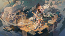  1girl absurdres animal_ears aphrissa_(arknights) arknights atom black_boots black_dress boots braid breasts brown_hair building cat_ears cat_girl cat_tail clouds cross-section crow_yayu desert detached_sleeves dress faux_figurine floating_city hand_up highres holding isometric long_hair long_sleeves miniature mountain outdoors power_lines river science_fiction small_breasts smoke solo standing tail transmission_tower tree very_long_hair village water water_tower white_hair white_sleeves wide_shot windmill yellow_eyes 