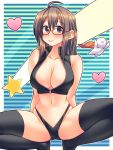  breasts brown_eyes brown_hair cape cleavage flying glasses heart highres large_breasts navel original smile squatting star thigh-highs thighhighs unzipped yuuki_keisuke 
