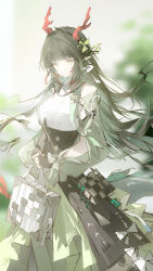  1girl absurdres alternate_costume arknights arknights:_endfield bag bead_necklace beads black_corset black_gloves black_hair corset dragon_girl dragon_horns eastern_dragon_horns fingerless_gloves floating_hair gloves green_skirt green_sleeves grey_eyes highres holding holding_bag horns jewelry long_hair long_skirt luozhou_pile necklace pointy_ears red_horns shirt skirt smile solo white_shirt zhuang_fangyi_(arknights) 