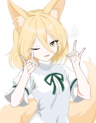  13nonaigdaz 1girl animal_ear_fluff animal_ears blonde_hair character_watermark commentary_request double_fox_shadow_puppet fox_ears fox_girl fox_shadow_puppet fox_tail green_ribbon hair_between_eyes highres kudamaki_tsukasa looking_at_viewer neck_ribbon one_eye_closed open_mouth ribbon romper short_sleeves simple_background sleeve_ribbon smile solo tail touhou white_background white_romper yellow_eyes 