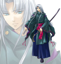  1boy aqua_eyes bishounen blue_eyes blue_hakama closed_mouth expressionless folded_fan folding_fan full_body grey_hair hakama hand_fan heike_kiyomori holding holding_weapon houou_senki_maimu japanese_clothes katana kinmedai_pink long_hair long_sleeves lowres male_focus official_art ribbon-trimmed_sleeves ribbon_trim sheath sheathed smile solo standing sword transparent_background very_long_hair weapon zoom_layer 