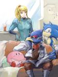  1girl blonde_hair book couch crossover drinking falco_lombardi kirby kirby_(series) metroid newspaper nonomichi_(tegaki) reading samus_aran sitting sonic sonic_the_hedgehog star_fox super_smash_bros. tegaki zero_suit 