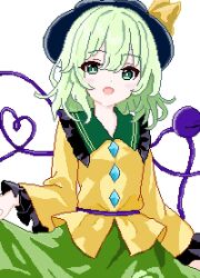  13nonaigdaz 1girl black_hat bow buttons collared_shirt commentary_request diamond_button disembodied_linked_eye eyeball frilled_shirt_collar frilled_sleeves frills green_eyes green_hair green_skirt hat hat_bow heart heart_of_string komeiji_koishi long_sleeves looking_at_viewer open_mouth pixel_art shirt simple_background skirt smile solo touhou white_background wide_sleeves yellow_bow yellow_shirt 