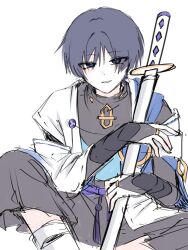  1boy adapted_costume armor black_bodysuit black_eyes black_hair black_hakama black_pants black_sleeves blue_cape blue_kimono blunt_ends bodysuit bridal_gauntlets cape eyes_visible_through_hair genshin_impact gold grey_bridal_gauntlets hakama hakama_pants haori highres holding holding_sword holding_weapon japanese_armor japanese_clothes jinbaori kimono kote kurokote layered_sleeves looking_at_viewer male_focus mitsudomoe_(shape) pants parted_lips pyong_deog scaramouche_(genshin_impact) sheath sheathed side_cape sitting sketch solo sword tassel tomoe_(symbol) turtleneck turtleneck_bodysuit wanderer_(genshin_impact) weapon white_hair white_haori white_mouth white_sleeves wispy_bangs 