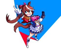  1girl absurdres animal_ears ascot astereonsnake asymmetrical_gloves black_gloves blue_eyes boots brown_hair buttons cape double-breasted ear_ribbon epaulettes gloves hair_between_eyes highres horse_ears horse_girl horse_tail jacket long_hair long_sleeves looking_at_viewer mismatched_gloves multicolored_hair multicolored_jacket open_mouth pink_ascot ponytail red_cape single_epaulette single_hair_streak skirt smile solo streaked_hair tail teeth tokai_teio_(peak_joy)_(umamusume) tokai_teio_(umamusume) two-tone_hair two-tone_jacket two-tone_skirt umamusume upper_teeth_only w white_boots white_gloves white_hair white_jacket white_skirt white_streaks 