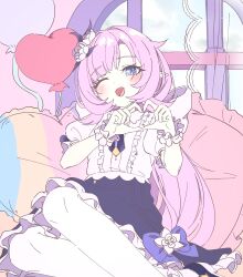  1girl :o ;o absurdres aged_down balloon blue_eyes blue_skirt breasts commentary_request elf elysia_(golden_courtyard)_(honkai_impact) elysia_(honkai_impact) flower four-finger_heart_hands hair_flower hair_ornament heart heart-shaped_pillow heart_balloon heart_hands highres honkai_(series) honkai_impact_3rd korean_commentary long_hair looking_at_viewer official_alternate_costume one_eye_closed pillow pink_hair pointy_ears shirt skirt small_breasts smile solo sweetpotato_712 thigh-highs very_long_hair white_shirt white_thighhighs 
