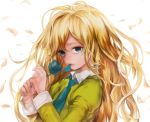 blonde_hair blue_eyes blue_rose crying flower highres ib lips long_hair looking_at_viewer mary_(ib) petals rose simple_background solo tcb tears white_background 