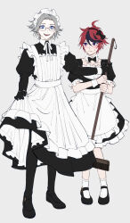  2boys ahoge alternate_costume aotsuki_eito apron black_bow black_bowtie black_dress black_gloves black_hair black_pantyhose black_shoes blue_eyes blush bow bow_hairband bowtie broom clothes_lift collared_dress commentary_request crossdressing crossdressing_(mtf) detached_collar dress dress_lift enmaided full_body glasses gloves grey_background grey_hair grin hairband highres holding holding_broom juliet_sleeves long_sleeves looking_at_viewer maid maid_apron maid_headdress male_focus male_maid multicolored_hair multiple_boys neck_ribbon pantyhose puffy_sleeves red_hair ribbon seiran_yoroz shoes short_hair simple_background smile socks streaked_hair sumino_takumi sweatdrop the_hundred_line_-last_defense_academy- violet_eyes white_ribbon white_socks 