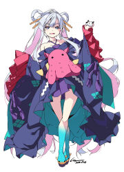  1girl :d aqua_boots bare_shoulders black_boots black_kimono blue_eyes blush boots breasts cho_kaguya-hime! collarbone commentary_request crossed_legs dated dress full_body fushi_(cho_kaguya-hime!) hair_ornament hair_rings hair_stick hands_up high_heel_boots high_heels highres japanese_clothes kimono long_hair looking_at_viewer multicolored_boots off_shoulder open_mouth purple_dress purple_ribbon ribbon ribbon-trimmed_sleeves ribbon_trim runami_yachiyo runami_yachiyo_(tsukuyomi) shikei signature simple_background sleeves_past_fingers sleeves_past_wrists small_breasts smile solo standing watermark white_background white_hair wide_sleeves yellow_boots 