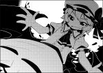 chacha_(tyatya) from_below looking_down monochrome open_mouth outstretched_arm outstretched_arms remilia_scarlet screentones smile solo spread_arms touhou wings 