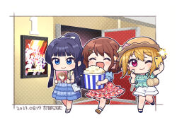 3girls black_hair blonde_hair blue_shirt blue_skirt border brown_hair chibi chibi_only closed_mouth dated food hair_ornament hairclip hat highres ibuki_tsubasa idolmaster idolmaster_million_live! kasuga_mirai long_hair mogami_shizuka movie_theater multiple_girls one_eye_closed open_mouth pink_shirt popcorn selfie shirt shorts skirt socks straw_hat tahara_emu white_border white_shorts white_socks 