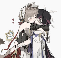  2girls animal_ears black_hair cat_ears cat_girl cat_tail closed_eyes columbina_(genshin_impact) commentary dress genshin_impact gloves grey_background heart highres hug kemonomimi_mode licking licking_another's_face multicolored_hair multiple_girls purple_streaks qinling452842 sandrone_(genshin_impact) simple_background streaked_hair tail tongue tongue_out white_dress white_gloves winding_key yuri 