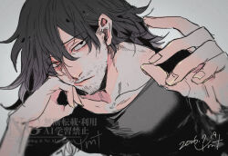  aizawa_shota arm_up bags_under_eyes beard_stubble black_eyes black_hair black_shirt boku_no_hero_academia closed_mouth collarbone commentary_request dated facial_hair grey_background hand_on_own_face head_rest heterochromia highres long_hair long_sleeves parted_bangs red_eyes sanpaku scar scar_across_eye scar_on_face shirt signature simple_background stubble upper_body watermark ymtyamo 