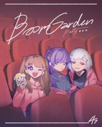  3girls :d ;d black_shirt black_sweater bloom_garden_party_jacket character_doll closed_mouth colored_inner_hair commentary doll english_text fujishima_megumi grin hair_bun hasu_no_daisankaku holding holding_doll hood hood_down hooded_jacket indoors jacket love_live! love_live!_hasu_no_sora_jogakuin_school_idol_club love_live!_hasu_no_sora_jogakuin_school_idol_club_bloom_garden_party multicolored_hair multiple_girls off_shoulder one_eye_closed open_clothes open_jacket open_mouth osawa_rurino otomune_kozue pink_hair pink_jacket pipi_(m1x_mix) purple_hair red_eyes ribbed_sweater shirt side_ponytail single_side_bun sitting smile sweater teeth turtleneck turtleneck_sweater upper_teeth_only violet_eyes white_hair yugiri_tsuzuri 
