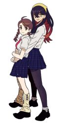  2girls behind_another black_hair black_pantyhose black_shoes blue_skirt braid brown_eyes carmine_(pokemon) checkered_clothes checkered_skirt closed_mouth collared_shirt colored_inner_hair commentary_request crossed_bangs eyelashes from_side full_body hairband height_difference highres hug hug_from_behind juliana_(pokemon) leg_warmers legs_apart light_smile long_hair long_sleeves looking_at_viewer miniskirt mole mole_under_eye multicolored_hair multiple_girls necktie orock_miani pantyhose parted_lips pink_necktie pokemon pokemon_scarlet_and_violet red_hair school_uniform shirt shoes short_sleeves side_braid simple_background skirt standing two-tone_hair white_background white_shirt wing_collar yellow_eyes yellow_hairband 