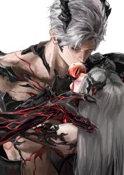  1boy 1girl absurdres armor artist_name asymmetrical_armor black_armor black_dress body_markings chinese_commentary commentary_request dress facing_another gauntlets grey_hair hair_ornament highres jacket jacket_on_shoulders kissing_object long_hair looking_at_another love_and_deepspace mu_yao_xi official_alternate_costume parted_bangs protagonist_(love_and_deepspace) red_eyes red_jacket short_hair simple_background sleeveless sleeveless_dress sleeves_rolled_up sylus_(love_and_deepspace) white_background 