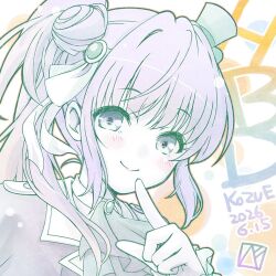  1girl ascot bekkankou blush character_name closed_mouth commentary_request dated hair_bun hana_sakeba_yume_kakeru happy_birthday hat limited_palette looking_at_viewer love_live! love_live!_hasu_no_sora_jogakuin_school_idol_club love_live!_hasu_no_sora_jogakuin_school_idol_club_bloom_garden_party mini_hat mini_top_hat otomune_kozue portrait purple_hair side_ponytail signature single_side_bun smile solo tilted_headwear top_hat virtual_youtuber 