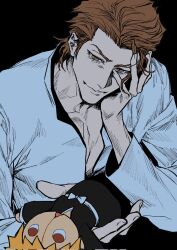  1boy aizen_sousuke bleach brown_eyes brown_hair character_doll commentary_request doll head_rest highres holding holding_doll korean_commentary kurosaki_ichigo losloslaus male_focus smile solo upper_body 