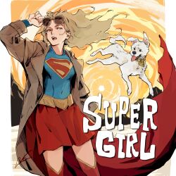  1girl blonde_hair blue_eyes cape dc_comics dog highres krypto_the_superdog long_hair long_sleeves looking_at_viewer no_oo29 open_mouth red_cape red_skirt skirt supergirl supergirl_(2026) superhero_costume superman_(series) superman_logo 