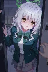  1girl absurdres blue_archive bow bowtie braid choppy_bangs diagonal-striped_bow diagonal-striped_bowtie diagonal-striped_clothes flower_halo green_bow green_bowtie green_halo green_jacket grey_skirt hair_bow hair_ribbon halo highres jacket looking_at_viewer miyo_(blue_archive) open_door partially_shaded_face pov ribbon ribbon_in_braid skirt smile solo_focus striped_bow striped_bowtie striped_clothes white_bow xiongji_z_z yandere 