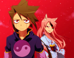  1boy 1girl animal_ear_fluff animal_ears arieko bad_id bikini black_sash blue_bikini blue_bow blue_shirt bow closed_mouth evil_smile fox_ears fox_girl frown glowing glowing_eye green_eyes kinui_(arieko) long_hair looking_at_another looking_to_the_side night obi obiage original outdoors parted_lips partially_shaded_face pink_hair print_shirt purple_sleeves red_eyes red_sky sash shaorin_(arieko) shirt sky smile spiky_hair standing star_(sky) swimsuit upper_body yin_yang yin_yang_print 