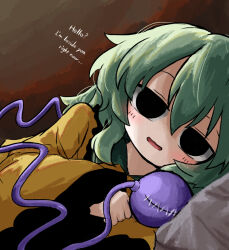  1girl black_eyes blush collared_shirt disembodied_linked_eye empty_eyes english_text eyeball frilled_shirt_collar frilled_sleeves frills green_hair hair_between_eyes heripantomorrow komeiji_koishi long_sleeves looking_at_viewer lying missing_headwear on_side open_mouth shirt smile solid_circle_pupils solo stitched_eye touhou upper_body wide_sleeves yellow_shirt 