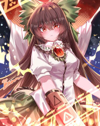  1girl absurdres arm_cannon bird_wings black_wings blush bow breasts brown_hair cape chest_eye chinese_commentary closed_mouth collared_shirt commentary_request control_rod_(touhou) feathered_wings frilled_shirt_collar frills green_bow green_skirt hair_bow highres long_hair looking_at_viewer medium_breasts print_cape red_eyes reiuji_utsuho shirt signature skirt solo starry_sky_print third_eye top-exerou touhou two-sided_cape two-sided_fabric very_long_hair weapon white_cape white_shirt wings 