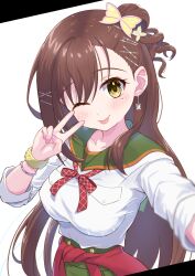  1girl bracelet brown_eyes brown_hair butterfly_earrings butterfly_hair_ornament clothes_around_waist collarbone commentary_request earrings gakkou_gurashi! green_sailor_collar green_skirt gyaru hair_ornament hairclip high-waist_skirt highres jacket jacket_around_waist jewelry long_hair looking_at_viewer megurigaoka_high_school_uniform mole mole_under_eye neck_ribbon one_eye_closed one_side_up pink_nails red_ribbon ribbon rokkii_(pixiv77873722) sailor_collar school_uniform scrunchie selfie serafuku shirt skirt tongue tongue_out v very_long_hair wakasa_yuuri white_shirt wrist_scrunchie x_hair_ornament yellow_scrunchie 