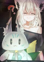  1girl :3 ? absurdres animal_ear_fluff animal_ears armpit_crease at_computer black_shirt blue_neckerchief braid breasts brooch caught commentary_request computer_mouse creature dark_room evil_smile facial_mark facing_away fox_ears fox_girl highres hololive indoors jewelry looking_at_viewer neckerchief nervous_sweating off_shoulder open_door partially_shaded_face shirakami_fubuki shirt smile sukonbu_(shirakami_fubuki) sweat t-shirt upper_body white_fur white_hair yuzuno_wagiri 
