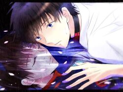  1boy black_hair blue_eyes choppy_bangs closed_eyes closed_mouth commentary_request different_reflection dress_shirt dss_choker fingernails ikari_shinji interface_headset_(evangelion) male_focus mecha_pilot_suit multiple_views neon_genesis_evangelion petals pink_petals plugsuit_(evangelion) reflection school_uniform shirt tokyo-3_middle_school_uniform tousok white_shirt 