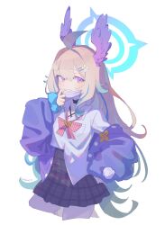  1girl absurdres ahoge alternate_costume artist_name bienbien010 black_choker blonde_hair blue_hair cardigan choker enna_alouette grin gyaru hair_between_eyes halo head_wings highres light_blush long_hair looking_at_viewer mask mouth_mask multicolored_hair nijisanji nijisanji_en off_shoulder plaid_clothes plaid_skirt pleated_skirt purple_cardigan school_uniform scrunchie simple_background skirt smile solo streaked_hair very_long_hair violet_eyes virtual_youtuber white_background wings wrist_scrunchie 