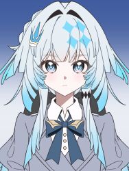  1girl absurdres black_hair blue_eyes blue_hair bow braid cerydra_(honkai:_star_rail) closed_mouth collared_shirt diamond-shaped_pupils diamond_(shape) gradient_background gradient_eyes gradient_hair grey_jacket hair_intakes hair_ornament highres honkai:_star_rail honkai_(series) jacket long_hair looking_at_viewer multicolored_eyes multicolored_hair nanguaqiu_chadong official_alternate_costume pink_eyes school_uniform shirt solo straight-on symbol-shaped_pupils upper_body white_hair white_shirt 