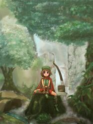  1girl bow_(weapon) brown_gloves brown_hair cape closed_mouth forest full_body gloves green_hat hat nature outdoors ranger_(sekaiju) ranger_2_(sekaiju) red_cape remoranosuke scenery sekaiju_no_meikyuu sekaiju_no_meikyuu_2 short_hair sitting solo tree violet_eyes weapon 