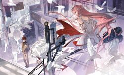  1boy 1girl bird blue_scarf building city cityscape closed_mouth couple crosswalk dove dress emiya_shirou fate/stay_night fate_(series) gloves highres homurabara_academy_school_uniform long_hair long_sleeves looking_at_another momomiya_shizuku_(gaoyue_jixiang) oc_x_canon orange_hair original pastels pedestrian_lights pink_eyes pink_hair red_hair road scarf scenery school_uniform skirt sleeveless sleeveless_dress street traffic_light two-tone_dress white_bird white_dress white_gloves 