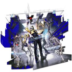  1boy animal_ears arknights arm_up black_boots black_helmet black_pants black_shirt boots bracelet electricity faceless faceless_male facing_viewer full_body giraffe giraffe_boy giraffe_ears giraffe_horns giraffe_tail gloves helmet high_collar highres holographic_interface holographic_monitor holographic_touchscreen horns infection_monitor_(arknights) jacket jewelry male_focus mechanic mechanist_(arknights) official_art pants rhodes_island_uniform robot shirt solo standing studio_montagne tachi-e tail third-party_source tool_belt transparent_background yellow_gloves yellow_jacket 
