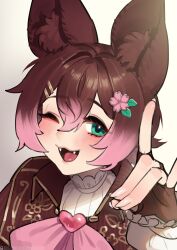  1girl :d ;d animal_ear_fluff animal_ears artist_name borrowed_character brown_hair brown_jacket commentary commission english_commentary fangs fingerless_gloves flower flower-shaped_pupils gloves gradient_hair green_eyes hair_between_eyes hair_flower hair_ornament hairclip hand_up heart highres jacket light_blush looking_at_viewer multicolored_hair one_eye_closed open_mouth original pink_hair portrait shirt short_hair smile solo symbol-shaped_pupils tostantan white_shirt wing_collar 
