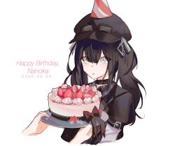  2girls arm_belt bandaged_arm bandages black_choker black_coat black_dress black_hair black_hat black_ribbon cake character_name choker coat collared_dress dated dress food fruit goggles goggles_on_headwear grey_eyes hair_ornament happy_birthday hat hat_over_hat highres holding holding_plate kkur1i kurobe_nanoka long_hair mahou_shoujo_no_majo_saiban multiple_girls neck_ribbon party_hat plaid_clothes plaid_dress plate ribbon simple_background solo_focus strawberry twintails upper_body white_background 