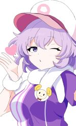  13nonaigdaz 1girl alternate_costume blowing_kiss breasts commentary_request employee_uniform fast_food_uniform hat heart highres letty_whiterock looking_at_viewer medium_breasts medium_hair one_eye_closed purple_hair purple_shirt shirt short_sleeves simple_background solo touhou touhou_lostword upper_body violet_eyes white_background white_hat white_shirt 