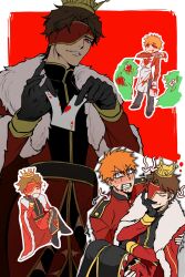  2boys aizen_sousuke arrow_(symbol) black_gloves bleach blush brown_hair bucket cape card carrying clenched_teeth commentary_request crossed_legs crown eyepatch fur-trimmed_cape fur_trim gloves highres holding holding_bucket holding_card holding_paintbrush korean_commentary kurosaki_ichigo losloslaus male_focus multiple_boys orange_hair paint_stains paintbrush playing_card princess_carry red_cape red_eyes smile sweat tearing_up teeth trembling 