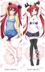  1girl alternate_costume apron arm_at_side arm_up arms_up bed_sheet bike_shorts black_choker black_dress black_ribbon black_thighhighs black_wrist_cuffs blue_camisole blue_shorts blue_skirt blush breasts camisole casual choker commentary cthugha_(nyaruko-san) dress enmaided frilled_apron frilled_choker frilled_dress frilled_sleeves frilled_thighhighs frilled_wrist_cuffs frills full_body hair_ribbon hair_spread_out haiyore!_nyaruko-san head_on_pillow holding holding_phone kanakokurusu knees_together_feet_apart leg_ribbon long_hair long_sleeves looking_at_viewer lying maid miniskirt multiple_views no_shoes on_back parted_lips phone pillow pleated_skirt puffy_short_sleeves puffy_sleeves red_eyes red_hair ribbon shirt short_dress short_sleeves shorts shorts_under_skirt shy skirt small_breasts socks thigh-highs twintails very_long_hair waist_apron white_apron white_ribbon white_socks wrist_cuffs yellow_shirt zettai_ryouiki 