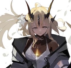  1girl ahoge arknights blonde_hair blue_eyes bodystocking commentary dragon_girl dragon_horns dress floating_hair flower ga_isuto46563 hair_flower hair_ornament highres horns jacket long_hair looking_at_viewer off_shoulder official_alternate_costume open_clothes open_jacket reed_(arknights) reed_the_flame_shadow_(arknights) short_sleeves simple_background sketch smile solo white_background white_dress 