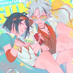  2boys :p absurdres alternate_costume black_streaks blue_eyes blue_hair blunt_ends bob_cut bubble can character_name collarbone collared_shirt curtained_hair dreonya drinking_straw ensemble_stars! eyelashes glasses grey_hair half-closed_eyes hand_up head_tilt highres holding holding_can holding_swim_ring hooded_shirt innertube jewelry knees_up male_focus multicolor-tinted_eyewear multicolored_hair multiple_boys multiple_necklaces necklace on_innertube open_clothes open_mouth open_shirt parted_bangs red_shirt sagiri_esu shirt short_hair short_sleeves shorts streaked_hair summer swim_ring taki_ibuki tinted_eyewear tongue tongue_out v-neck v-shaped_eyebrows visor_cap white_shirt white_shorts 