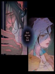 1boy 1girl bandaged_wrist bandages behind_bars black_background brown_hair brown_jacket closed_eyes collared_shirt commentary crying english_commentary english_text eren_yeager facial_mark furrowed_brow hair_between_eyes hand_on_own_head jacket lacampanule long_hair mikasa_ackerman paradis_military_uniform parted_bangs parted_lips scar scar_on_cheek scar_on_face shingeki_no_kyojin shirt short_hair tears upper_body white_shirt 