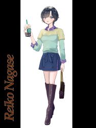  1girl absurdres bag bandai_namco black_hair blue_eyes blue_skirt boots cappuccino collared_shirt commentary_request drink highres holding holding_bag holding_drink long_sleeves meitantei_conan mouri_ran nagase_reiko namco open_mouth ridge_racer shirt short_hair simple_background skirt smile solo sweater thighs va_ne_ssa white_background 