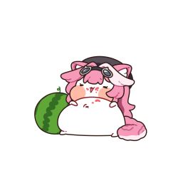  1girl 252_eyo animal_ears big_belly blush chibi chibi_only commentary english_commentary food fruit hair_intakes highres hololive hololive_english long_hair open_mouth panther_ears panther_girl panther_tail pink_hair pink_tail raora_panthera simple_background smile solo tail virtual_youtuber watermelon white_background 