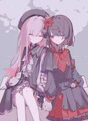  2girls absurdres alternate_hair_length_(longer) alternate_hair_length_(shorter) armband belt beret black_capelet black_choker black_coat black_hair black_hat black_shirt black_skirt capelet chinese_commentary choker closed_eyes closed_mouth coat collared_coat collared_shirt commentary_request cowboy_shot crown flower flower-trimmed_sleeves frilled_skirt frills gloves gradient_hair hair_flower hair_ornament hat hat_flower hat_ribbon highres holding_hands interlocked_fingers layered_skirt long_hair long_skirt long_sleeves mahou_shoujo_no_majo_saiban mini_crown multicolored_hair multiple_girls neck_ribbon necktie nikaido_hiro o-ring o-ring_thigh_strap one_eye_closed overskirt pants pink_hair plaid_clothes plaid_necktie plaid_skirt pleated_skirt red_armband red_eyes red_flower red_necktie red_skirt ribbon sakuraba_ema serpentite shirt short_hair shorts side_capelet sitting skirt sleeveless sleeveless_coat thigh_strap white_flower white_gloves white_hair white_pants white_ribbon white_shirt white_shorts white_sleeves x_hair_ornament yuri 