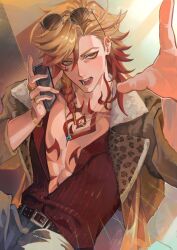  1boy abs absurdres alternate_costume animal_print arm_up bare_pectorals belt belt_buckle black_belt blonde_hair blue_pants braid brown_jacket buckle cellphone chest_tattoo commentary denim english_commentary eyewear_on_head gradient_hair gyaruo highres holding holding_phone honkai:_star_rail honkai_(series) iphone jacket jeans jewelry lapels leopard_print leopard_print_jacket long_hair looking_to_the_side male_focus moontea_bunny multicolored_hair multiple_necklaces mydei_(honkai:_star_rail) necklace open_clothes open_jacket open_mouth pants partially_open_shirt pectorals phone pinstripe_pattern pinstripe_shirt red_hair red_shirt red_tattoo rimless_eyewear round_eyewear shirt short_sideburns side_braid sideburns smartphone solo studded_belt studs sunglasses tattoo teeth tongue yellow_eyes 
