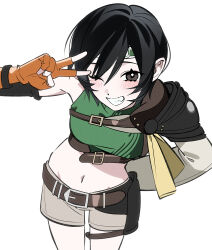  arm_behind_back armor belt black_hair blush breasts brown_belt chest_strap cowboy_shot crop_top final_fantasy final_fantasy_vii final_fantasy_vii_remake fingerless_gloves gloves green_headband green_shirt grey_eyes grey_shorts grin hair_between_eyes headband highres kiliko-san leaning_forward looking_at_viewer medium_breasts midriff navel one_eye_closed orange_gloves pauldrons ribbed_shirt ribbon shirt short_hair shorts shoulder_armor single_arm_guard single_bare_shoulder single_pauldron sleeveless sleeveless_turtleneck smile teeth turtleneck v white_background yellow_ribbon yuffie_kisaragi 