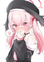  1girl beret black_choker black_hat black_shirt black_wings blue_archive blush choker clenched_hand closed_mouth commentary diamond-shaped_pupils diamond_(shape) embarrassed eyes_visible_through_hair feathered_wings furrowed_brow hair_between_eyes hair_ornament hair_scrunchie halo hand_up hat head_wings highres koharu_(blue_archive) long_hair looking_at_viewer neckerchief nose_blush nuporaimu pink_eyes pink_hair pink_neckerchief red_halo red_scrunchie sailor_collar sailor_shirt school_uniform scrunchie serafuku shirt sidelocks simple_background single_bare_shoulder sleeves_past_wrists solo speech_bubble spoken_squiggle squiggle symbol-shaped_pupils twintails upper_body white_background white_sailor_collar wings 